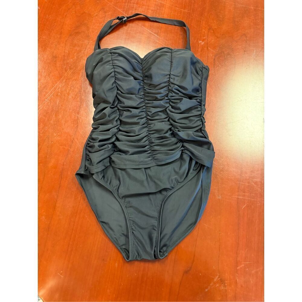 Jones New York Black Full Ruched Halter Strap One Piece Dress sz 8 EUC